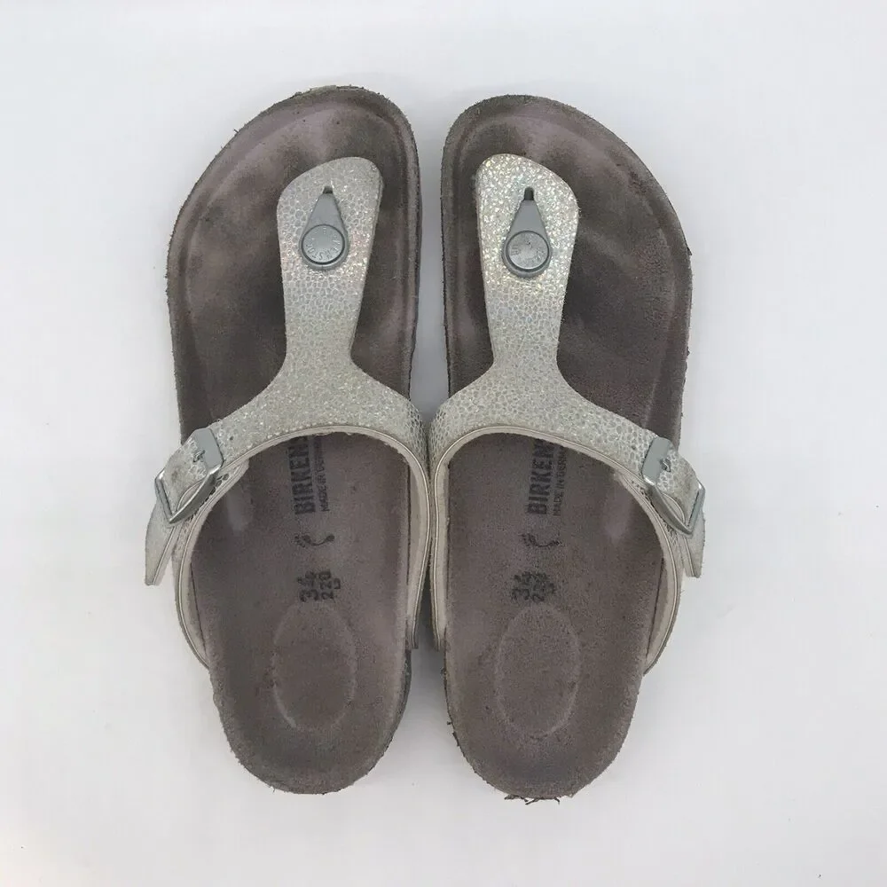 Birkenstock Gizeh Sparkly Silver Birko-Flor T-Strap Thong 34 Girls 3-3.5 Sandals